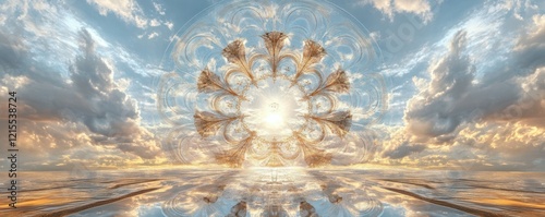 Ethereal symmetry: surreal sky and ocean reflection with radiant mandala