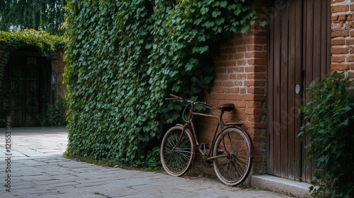 A vintage bicycle leans against a vine-covered brick wall, creating a serene and nostalgic urban alley ambiance. photo