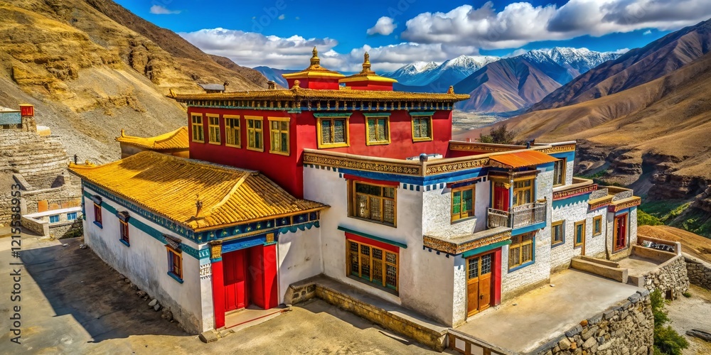 Fototapeta premium Spiti Valley, India: Traditional House with Gold & Red Roof, Blue & White Door