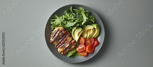 A flat lay of a heart-healthy plate with avocado, grilled chicken, mixed greens, and tomatoes, placed on a grey background with soft shadows enhancing the vibrant details. photo