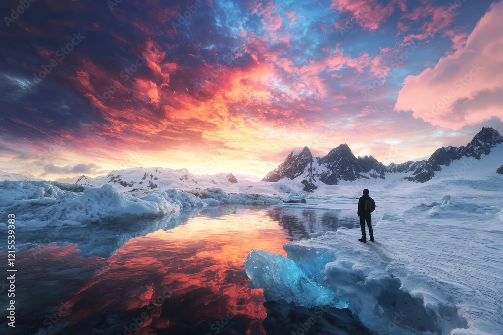 Obraz premium Polar sunset watcher gazes at vibrant colors over icy landscape silhouette dusk reflection nature photography breathtaking environment