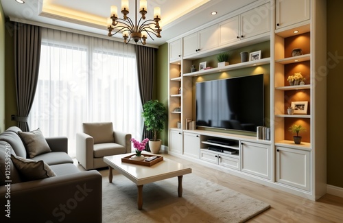Cozy living room features comfortable sofa, armchair. Large TV, built-in shelving unit add modern touch. Soft beige carpet, warm colors create relaxing atmosphere. White coffee table, plants add to