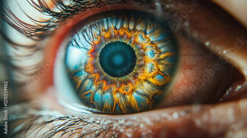 A surreal eye that looks like a portal, radiating multicolored fractal designs photo