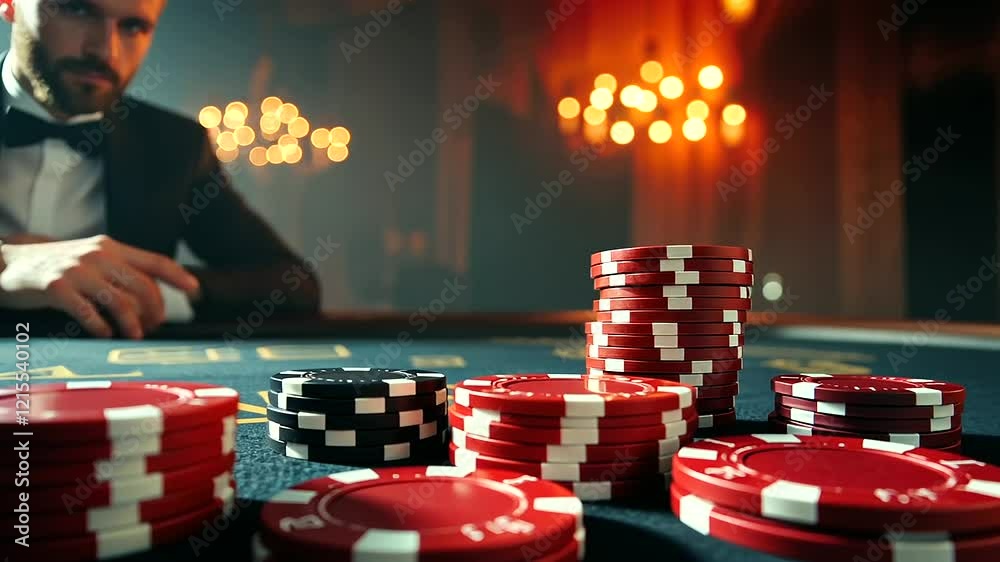 A glamorous gaming table featuring neatly stacked poker chips, with the blurred croupier adding energy to the elegant casino setting. A glamorous gaming table featuring neatly stacked poker chips, with the blurred croupier adding energy to the elegant casino setting.