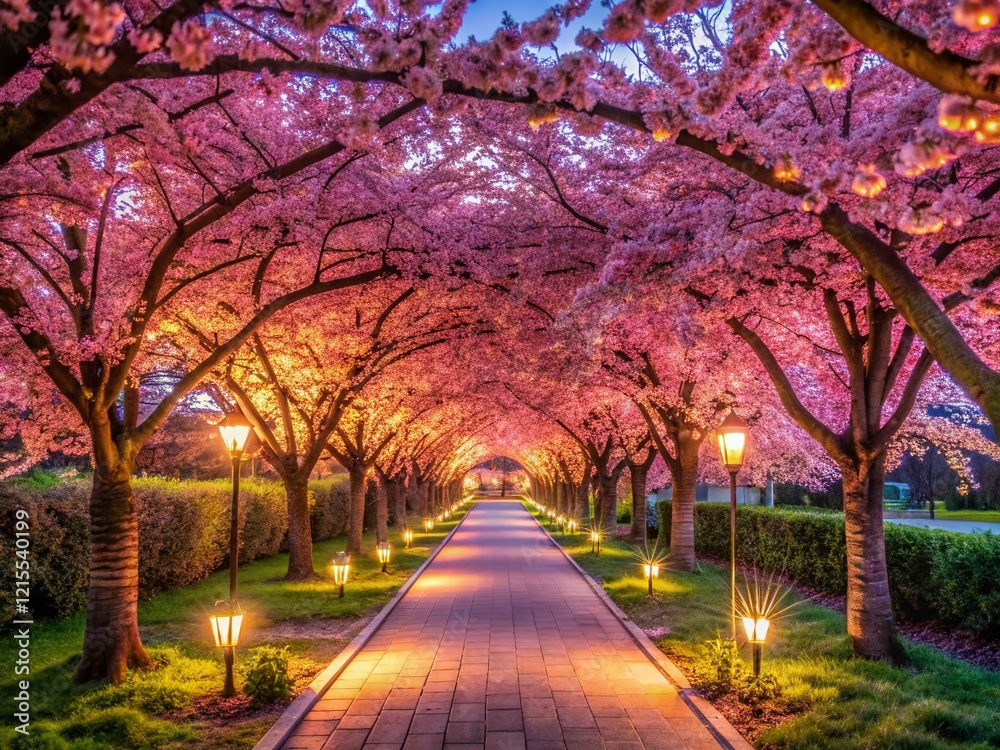 Fototapeta premium Spring Garden Walkway: Blooming Pink Sakura Cherry Blossoms under Sunny Sky