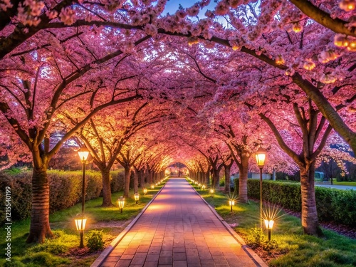 Spring Garden Walkway: Blooming Pink Sakura Cherry Blossoms under Sunny Sky