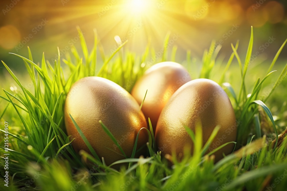 Three Golden Easter Eggs on Green Grass - Festive Spring Holiday Illustration Three Golden Easter Eggs on Green Grass - Festive Spring Holiday Illustration