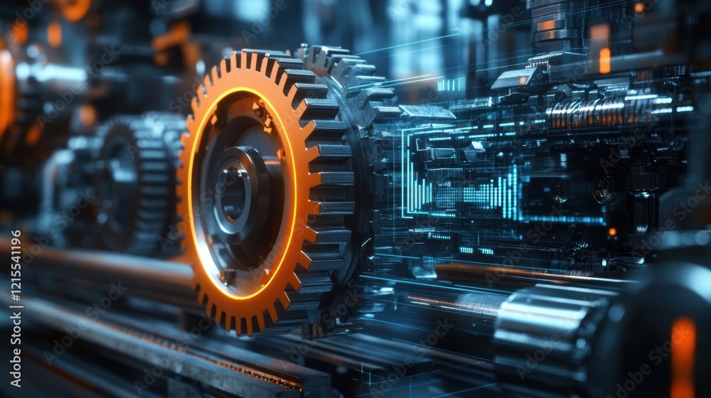 Complex industrial mechanism with gears rotating and showing futuristic digital charts and graphs, representing automation, innovation, and efficiency in a modern factory setting Complex industrial mechanism with gears rotating and showing futuristic digital charts and graphs, representing automation, innovation, and efficiency in a modern factory setting