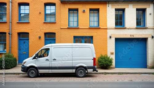 White van parked on cobblestone street in front of colorful brick building. Blue doors, garage door. Urban scene in daylight. Possible delivery van. Bright sunshine casts shadows. Plants, flowers