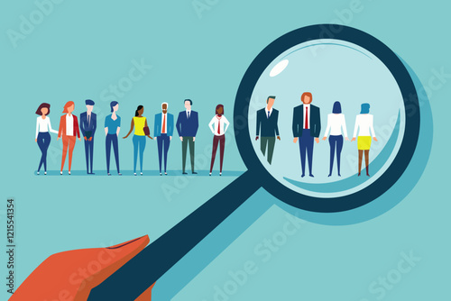 "HR Manager Using Magnifying Glass to Search for High-Quality Employees in Recruitment and Teamwork Concept"