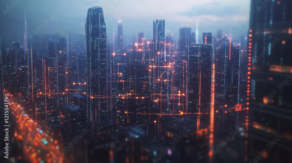 Smart digital Innovation city with connection network reciprocity over the twilight cityscape. of future smart wireless digital city and social media networking systems that connects people with city Smart digital Innovation city with connection network reciprocity over the twilight cityscape. of future smart wireless digital city and social media networking systems that connects people with city