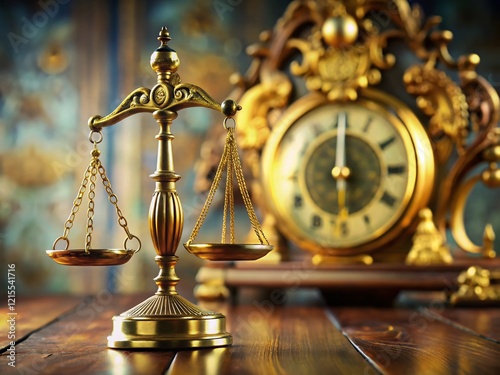 Tilt-Shift Photo: Golden Scales of Justice & Clock – Time, Value, Fairness in Law photo