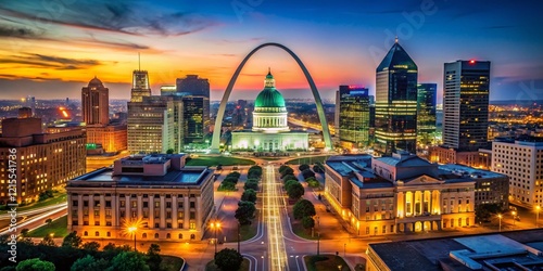 St. Louis Cityscape at Night, Low Light Photography, Urban Architecture, Illuminated Buildings