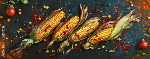 Grilled corn with spices, tomatoes, and herbs on a wooden table photo