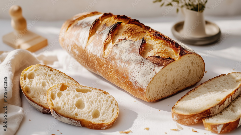 Freshly baked artisan bread loaf with sliced pieces in sunlight Freshly baked artisan bread loaf with sliced pieces in sunlight