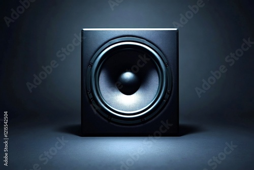 Powerful subwoofer reproducing low-end frequencies in a dark studio photo