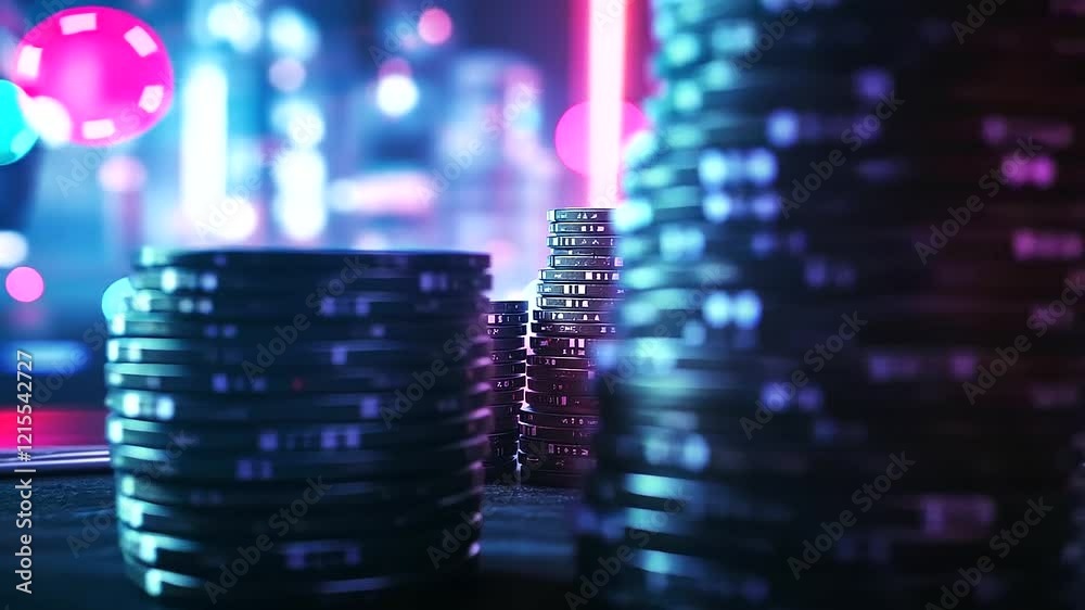 A cinematic view of poker chips being stacked neatly, with vibrant lighting and blurred motion in the background.