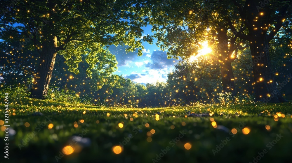 Obraz premium Whimsical woodland sprites dance beneath shimmering fairy lights in a moonlit glade captured from a low angle realistic gigapixel nature scene