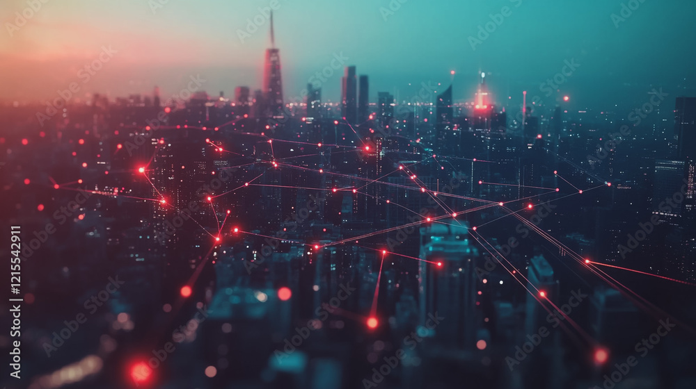 Fototapeta premium Smart digital Innovation city with connection network reciprocity over the twilight cityscape. of future smart wireless digital city and social media networking systems that connects people with city