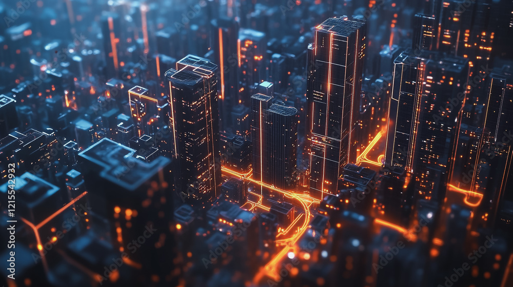 Smart digital Innovation city with connection network reciprocity over the twilight cityscape. of future smart wireless digital city and social media networking systems that connects people with  city