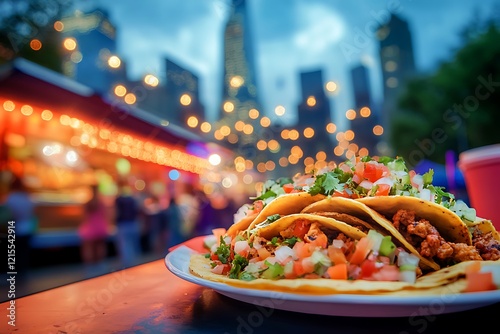 A food truck parked at a lively street festival, with selective focus on a plate of tacos and vibrant toppings, while the city skyline and festival lights form a beautiful blur in the background.