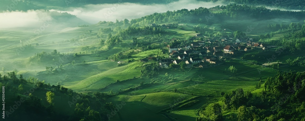 Serene rural village surrounded by lush greenery in misty morning landscape Serene rural village surrounded by lush greenery in misty morning landscape