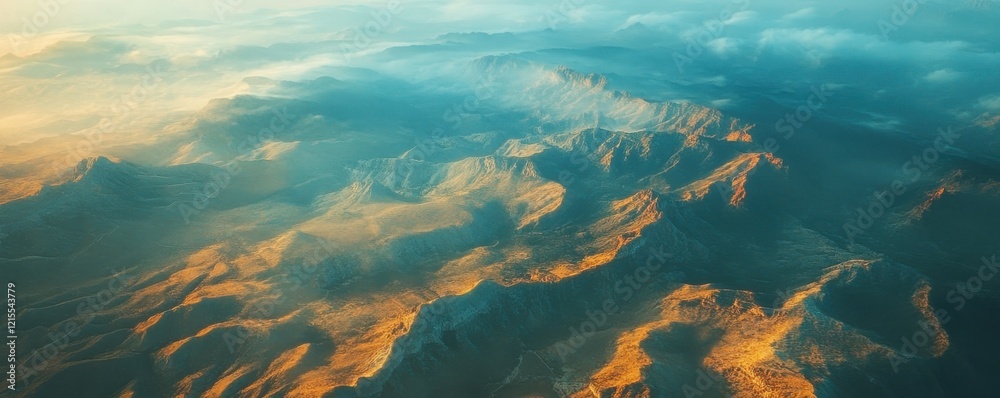Majestic mountain range at sunrise with rolling clouds and golden light Majestic mountain range at sunrise with rolling clouds and golden light