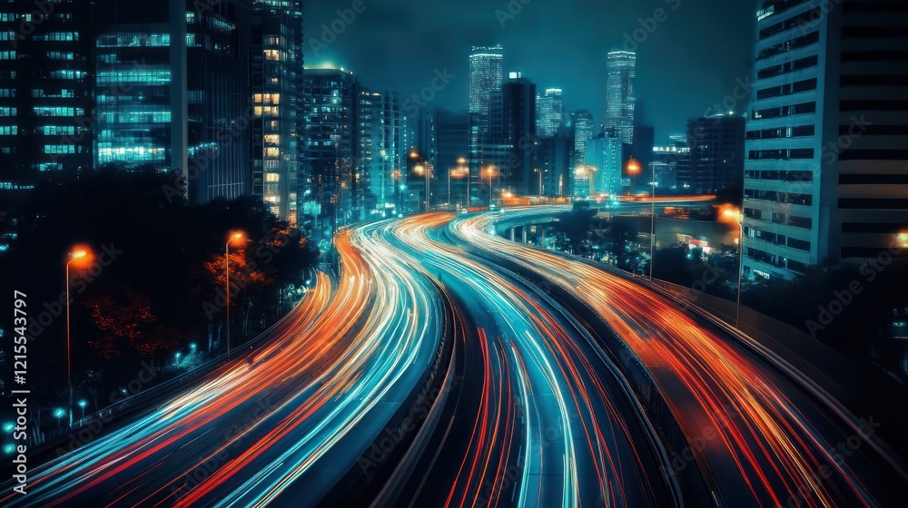 Obraz premium Night City Highway Lightscape: A Vibrant Symphony of Urban Motion