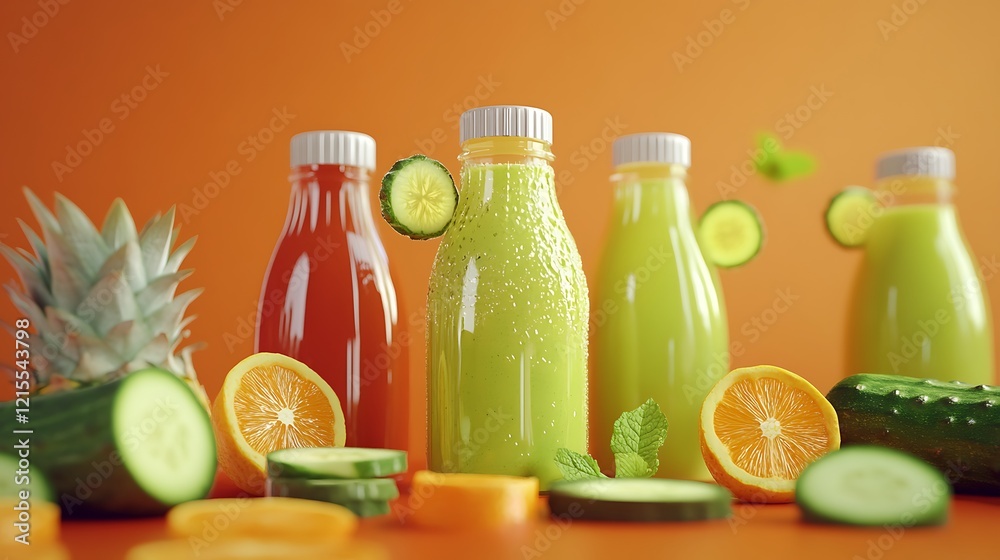 A fresh and colorful composition of bottles filled with smoothiesn. A fresh and colorful composition of bottles filled with smoothiesn.