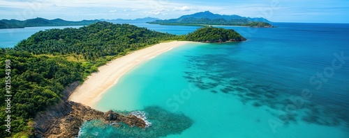 Serene tropical island with pristine beach and lush greenery