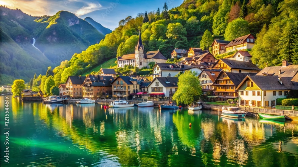 Fototapeta premium Stunning Lakeside Tourism: High-Resolution Photo of Calm Waters and Lush Greenery