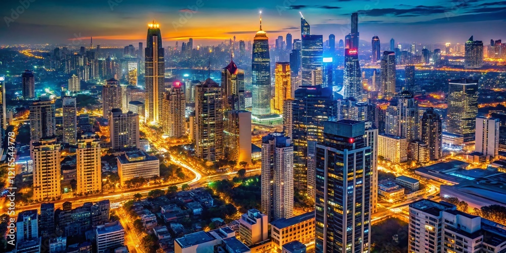 Naklejka premium Stunning Night Cityscape: Illuminated Skyline & Urban Lights