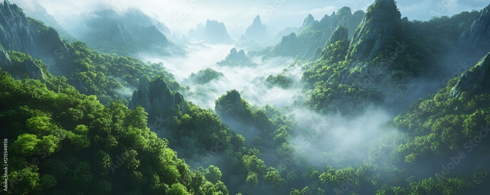 Majestic misty mountains with verdant forests and lush greenery at dawn Majestic misty mountains with verdant forests and lush greenery at dawn