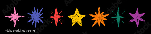 Chalk star on chalkboard. Blackboard with doodle vector star. Crayon sketch, hand drawn kid art. Christmas, Birthday scribble. Color icon on chalk board bg. Space pattern, pastel blackboard background