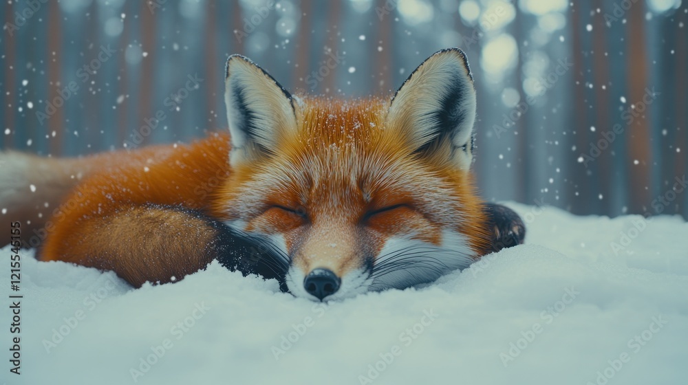 Obraz premium Red fox sleeping in snowy forest, winter wonderland