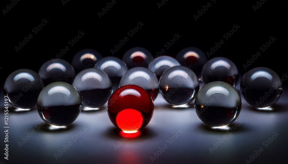 회전하는 여러 개의 구슬들이 나열되어 있는 가운데, 하나의 구슬만 붉은빛으로 빛나는 장면