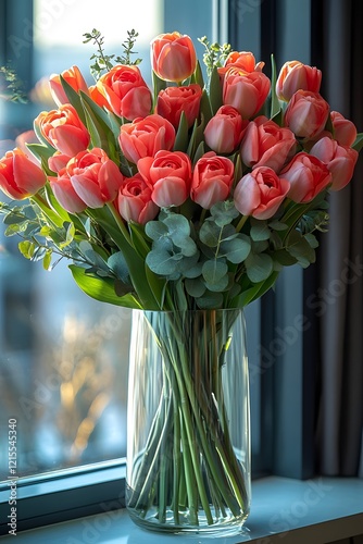 Wallpaper Mural A bouquet of colorful roses and tulips in a glass vase on a windowsill with soft natural light. The scene feels fresh, romantic, and perfect for ads, weddings, or articles about love and nature. Torontodigital.ca