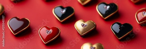 Valentines Day banner showcases elegant heart-shaped chocolates in vibrant reds and golds against striking background. Perfect for capturing love, joy, celebration. Ideal for promotions, decorations.