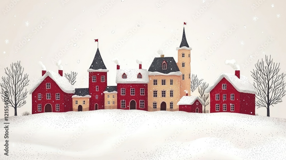 Fototapeta premium A Charming Snowy Village Scene With Red Houses