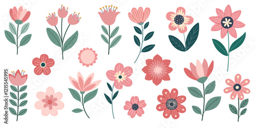 Hand drawn flowers set. Cute pink delicate flowers collection. Spring floral elements for design.