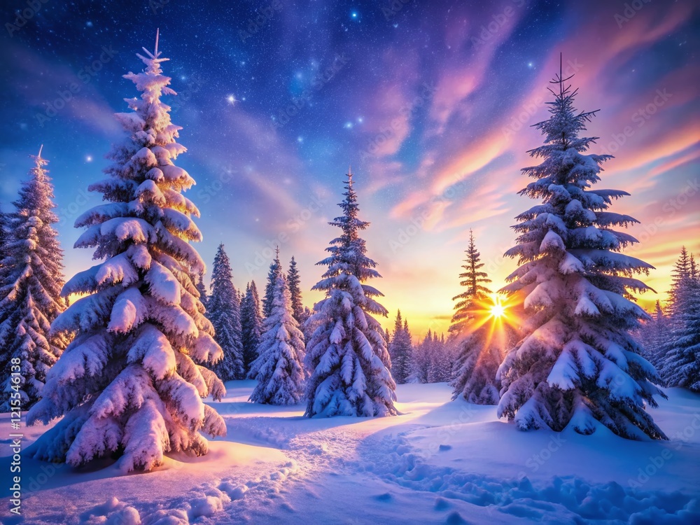Fototapeta premium Stunning Winter Wonderland: Frosty Evening, Snowy Pine Trees
