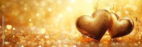 Valentines Day banner features two sparkling golden hearts against shimmering, warm background. For celebrating love, romance, this enchanting design captivates attention for decoration, promotion.
