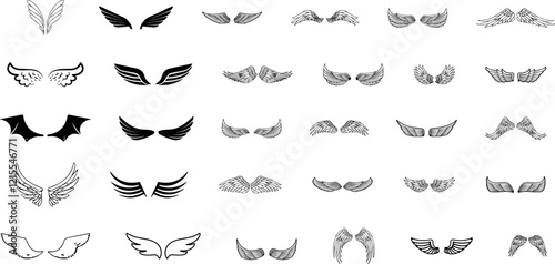 wing silhouette vector set, angel or bird wings