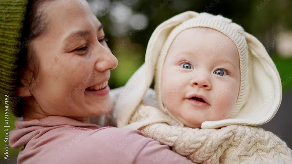Cute baby in the mother's hands in summer nature. A joyful lifestyle of a happy mixed-race family. A young asian woman and active healthy baby with blue eyes in a rabbit costume. Childhood and Cute baby in the mother's hands in summer nature. A joyful lifestyle of a happy mixed-race family. A young asian woman and active healthy baby with blue eyes in a rabbit costume. Childhood and