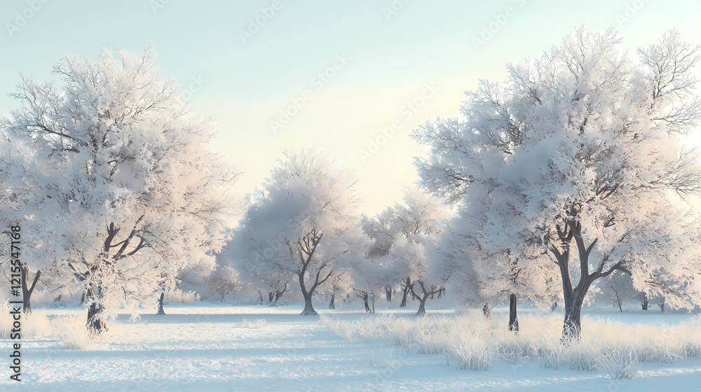 Snowy winter landscape with frosted trees against a pale sky, conveying a sense of peace and tranquility. Frosted Meadow. Illustration