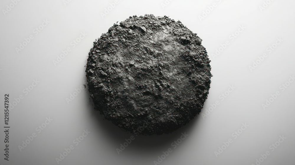 Fototapeta premium Rough, dark grey disc on white background, studio shot, texture sample
