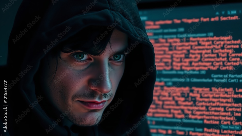 Mysterious Hacker Man Intense Gaze Dark Hoodie Programming Code Screen Cybersecurity Digital Technology Internet Security Anonymous Person Digital Mysterious Hacker Man Intense Gaze Dark Hoodie Programming Code Screen Cybersecurity Digital Technology Internet Security Anonymous Person Digital