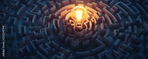 Illuminated light bulb in center of 3d puzzle maze symbolizing innovation