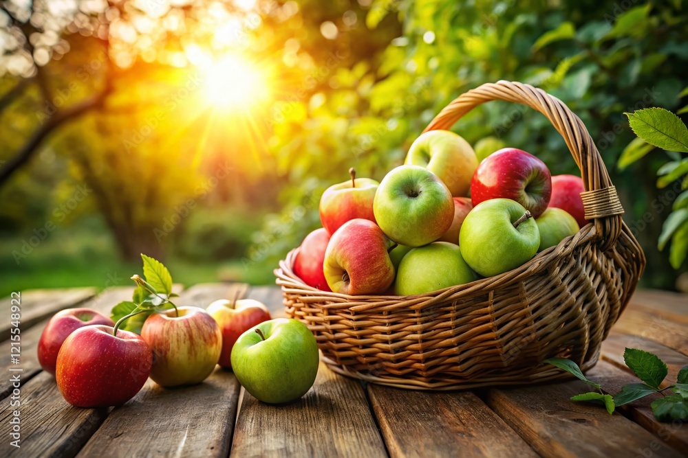 Sunlit Basket of Fresh Apples on Rustic Wooden Table, Blurred Green Background - Drone View Sunlit Basket of Fresh Apples on Rustic Wooden Table, Blurred Green Background - Drone View