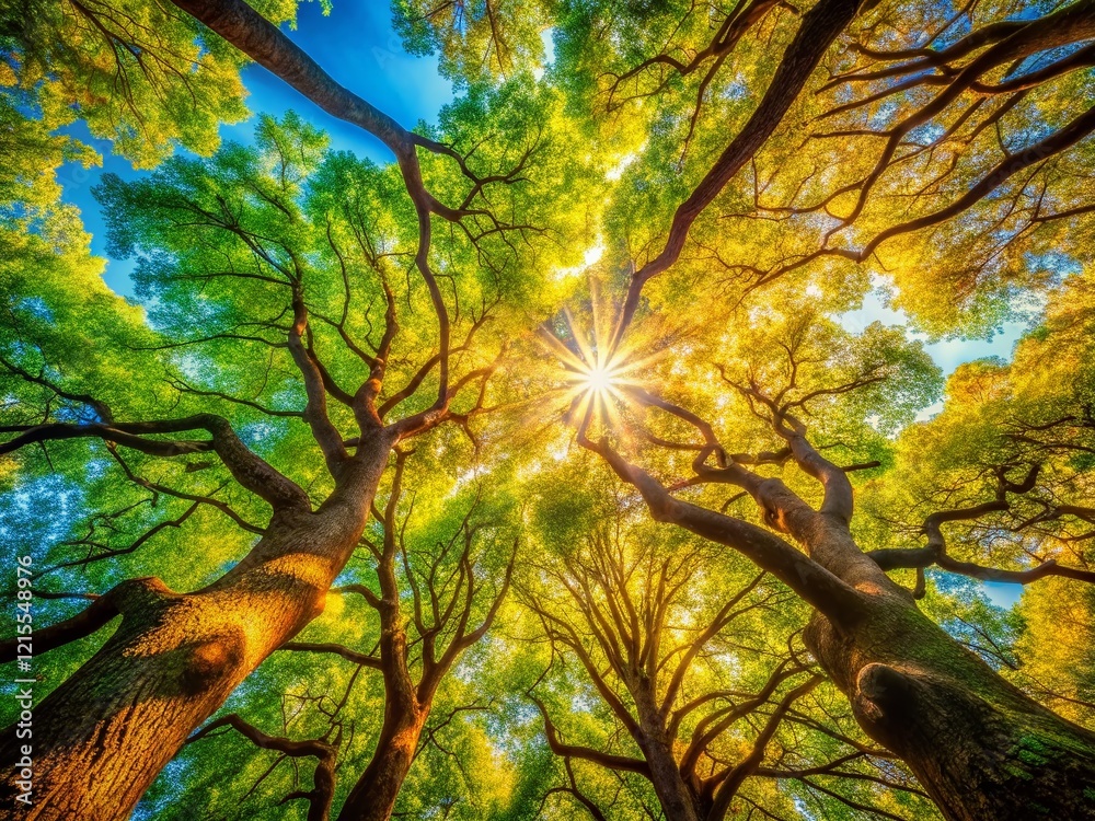 Fototapeta premium Sunlit Canopy: Vibrant Green Trees Worms Eye View Stock Photo